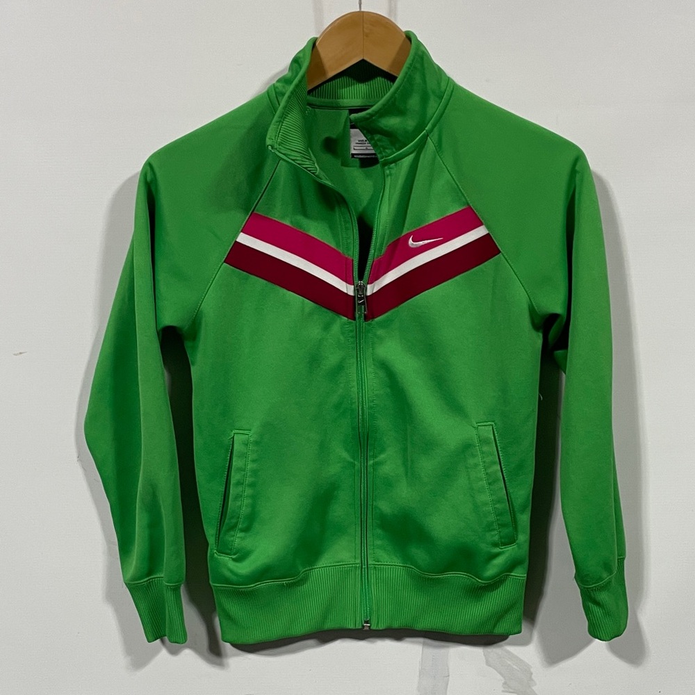 Nike Kids Green Track Jacket with Pink and White Chevron Detail